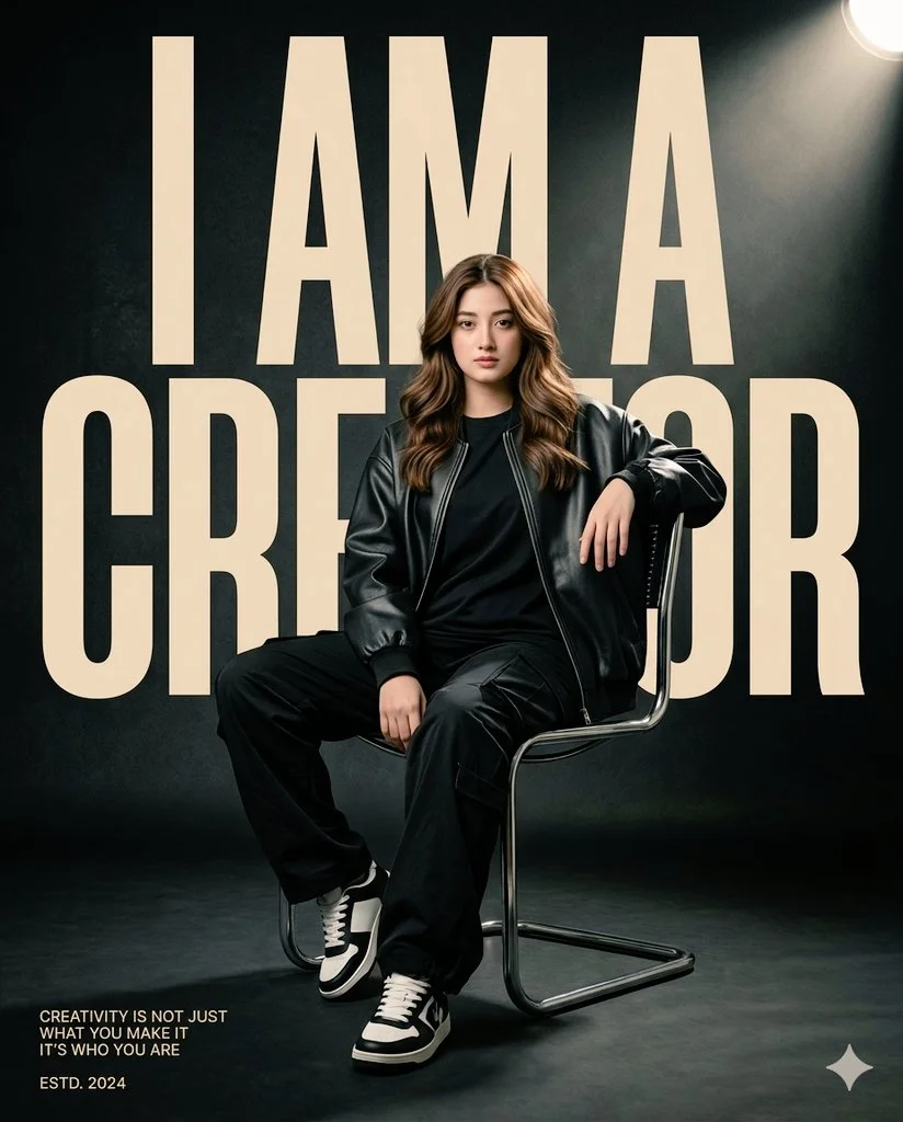A confident woman in black leather commands attention on chrome chair.