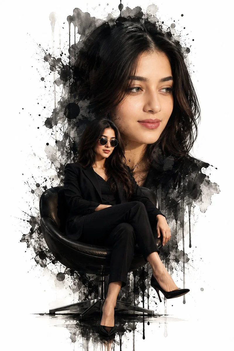A confident woman in black sits on a leather chair