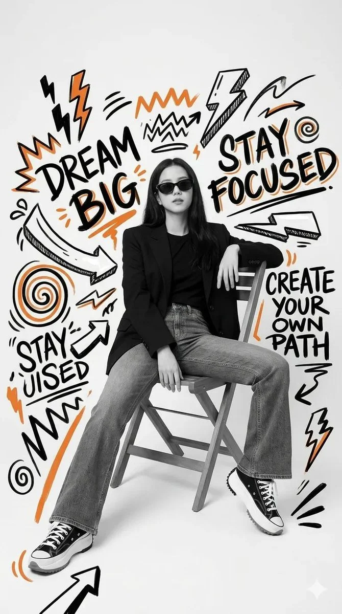 A confident woman in monochrome streetwear poses amid bold graffiti
