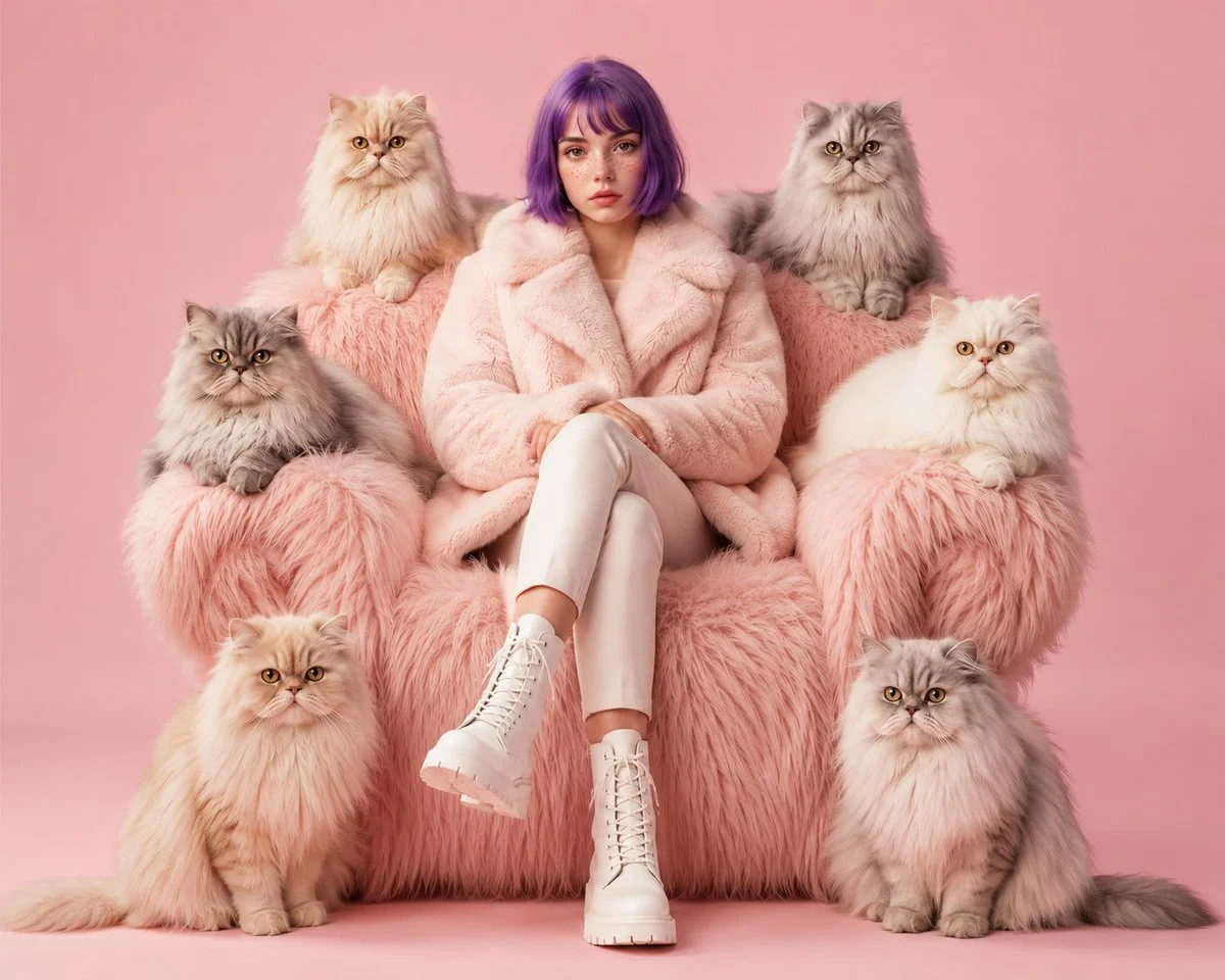 A confident woman in pastel pink poses with six Persian cats