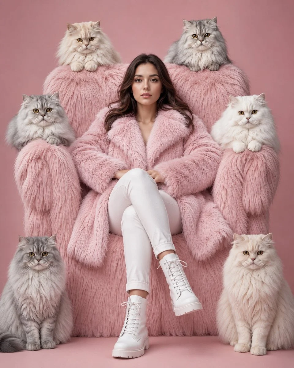 A confident woman in pink fur poses regally with six Persian cats