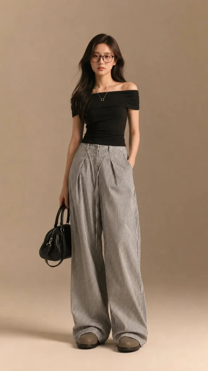 A confident woman in pinstripe trousers poses in a beige studio