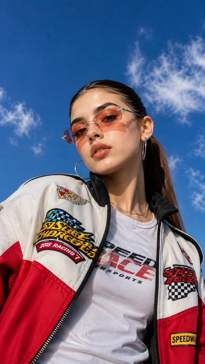 A confident woman in retro racing jacket looks away with sultry gaze