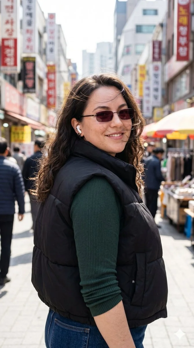 A confident woman walks through a bustling city street