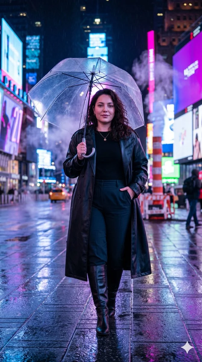 A confident woman walks through neon-lit rain-soaked city streets.