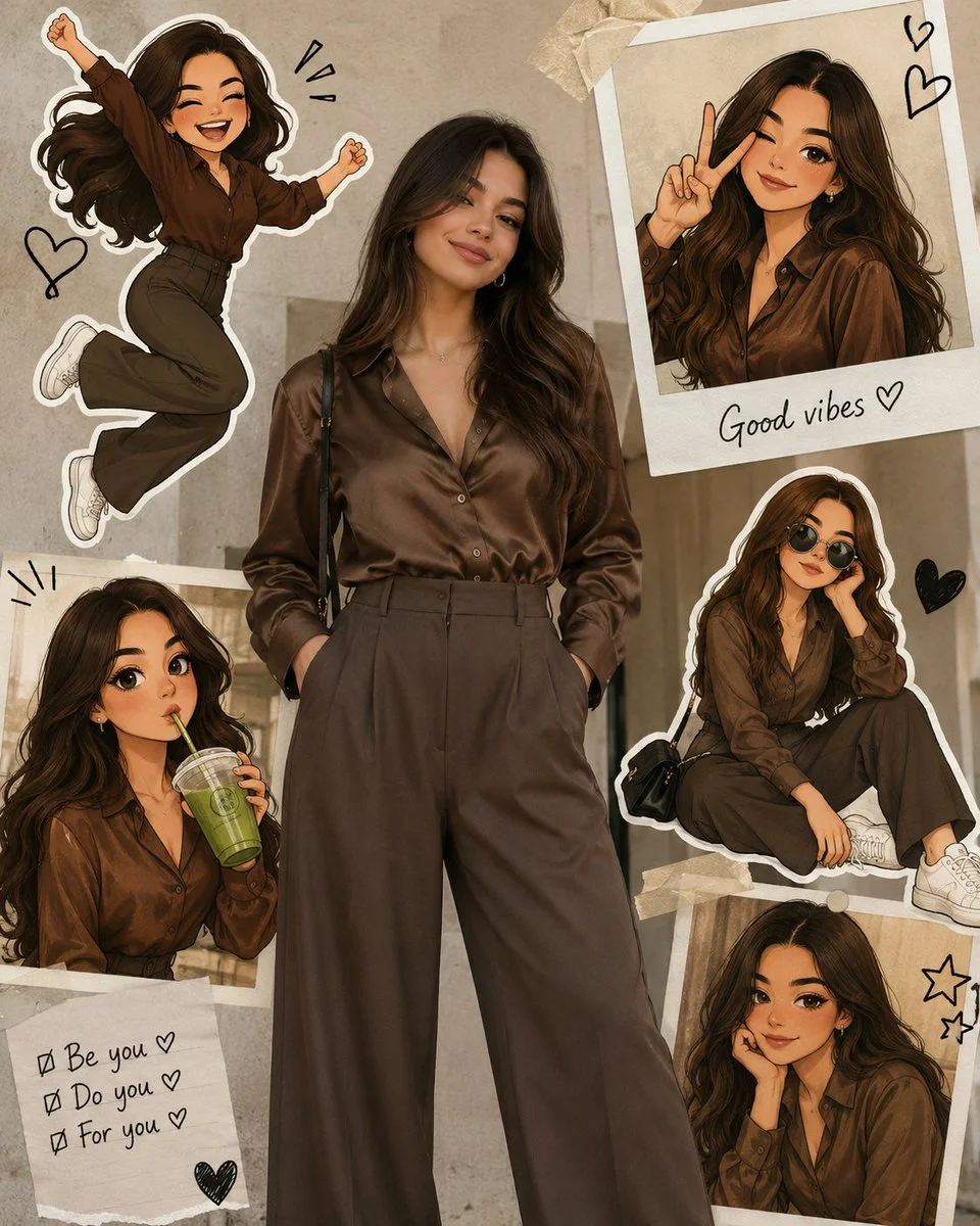 A confident woman wears a brown silk shirt and high-waisted pants.