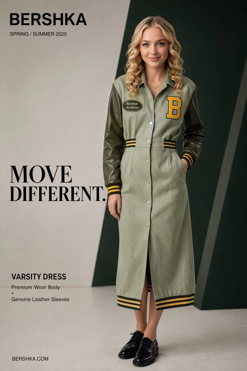 A confident woman wears a green varsity dress in a studio