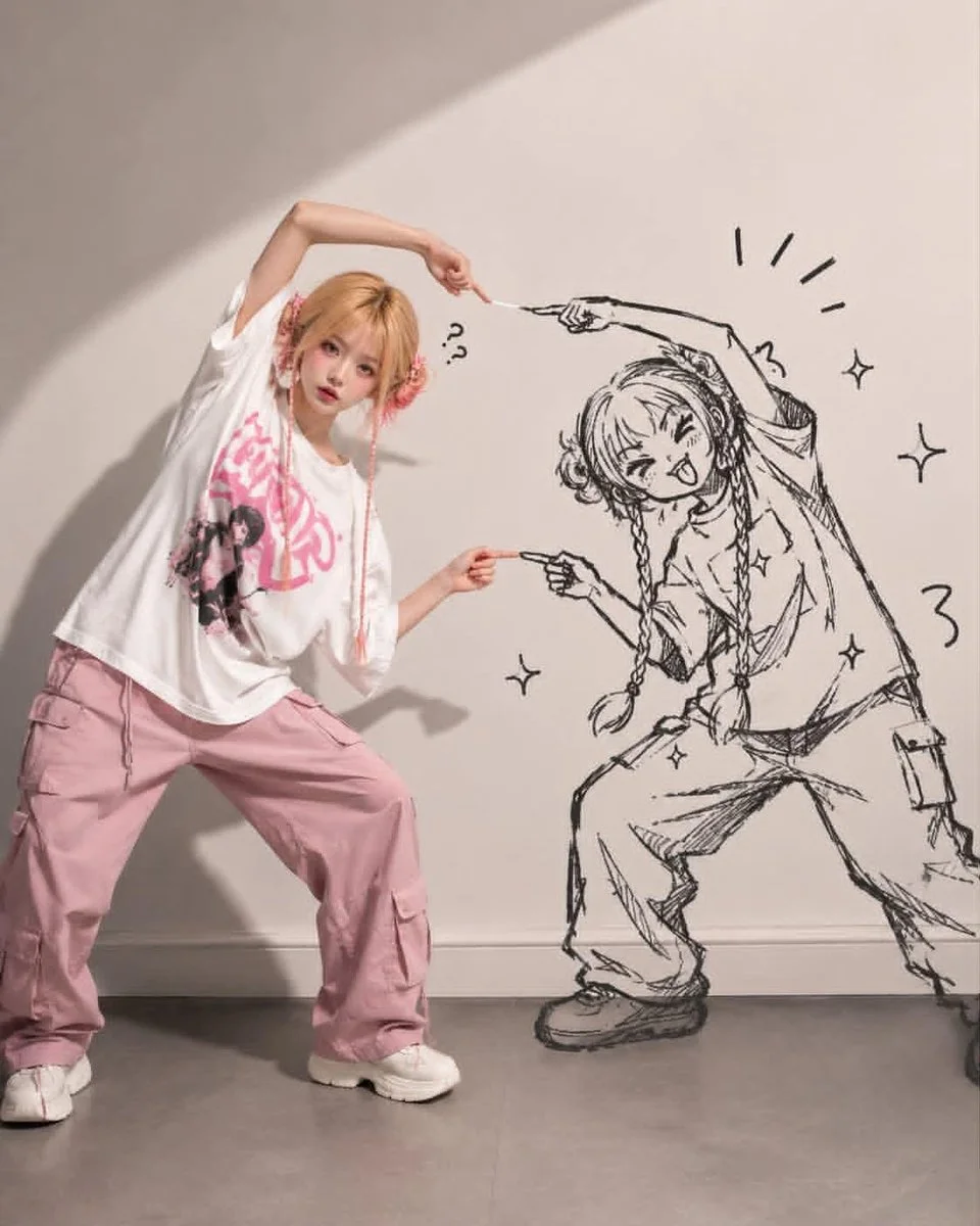 A confused model stands still while her mischievous doodle shadow dances wildly.
