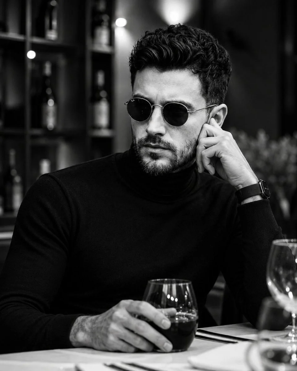 A contemplative gentleman in a turtleneck sips red juice