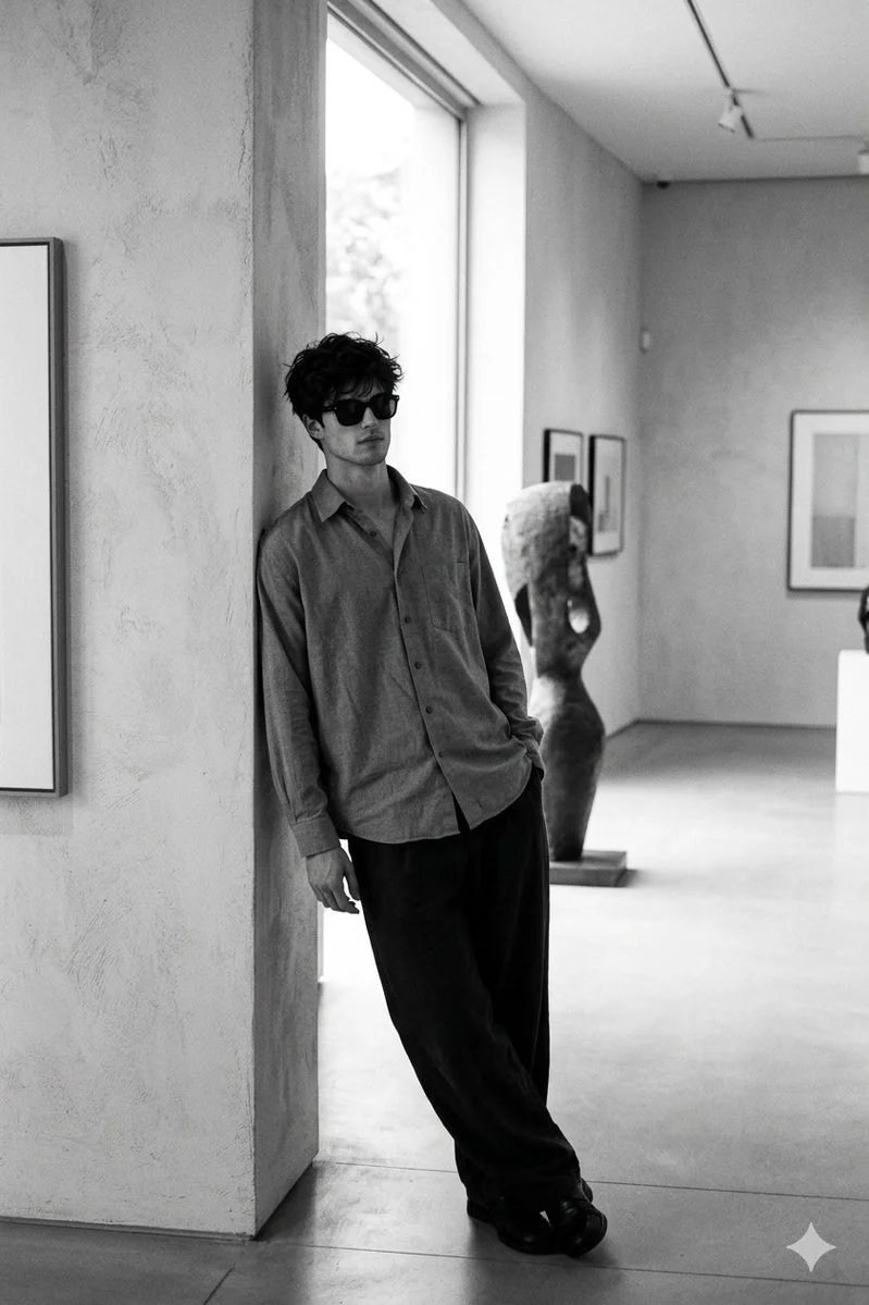 A contemplative man leans in a minimalist gallery space