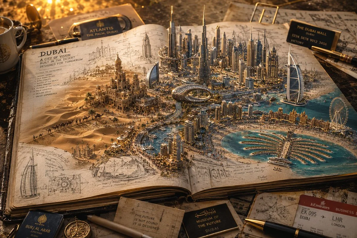 A country emerges from a traveler's sketchbook on a wooden desk