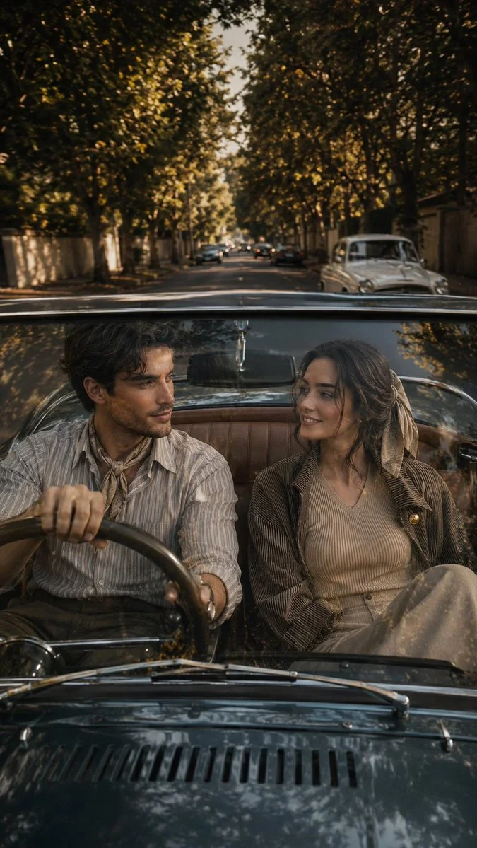 A couple drives through a vintage suburban street during golden hour
