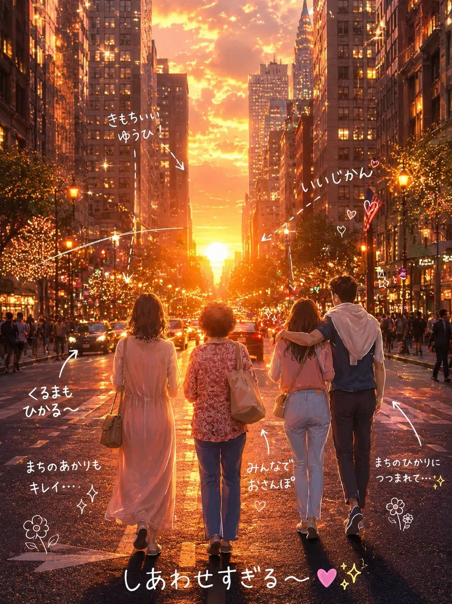A couple embraces beneath the orange sunset on a busy city street