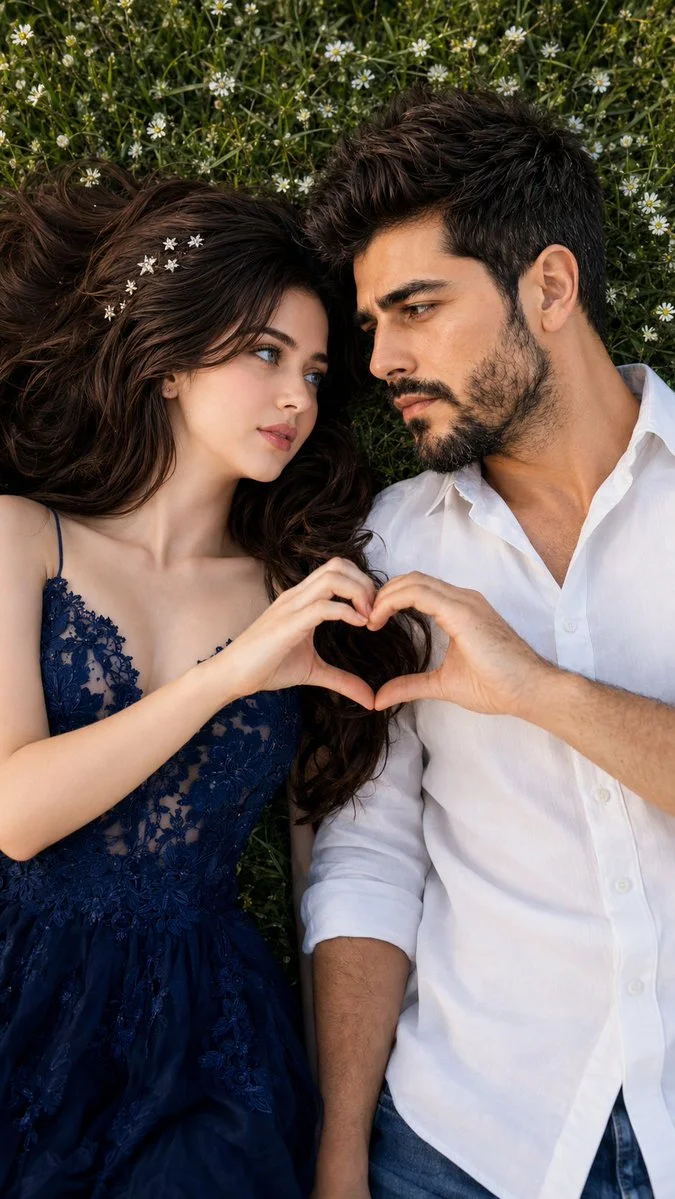 A couple lies in grass with hands forming a heart