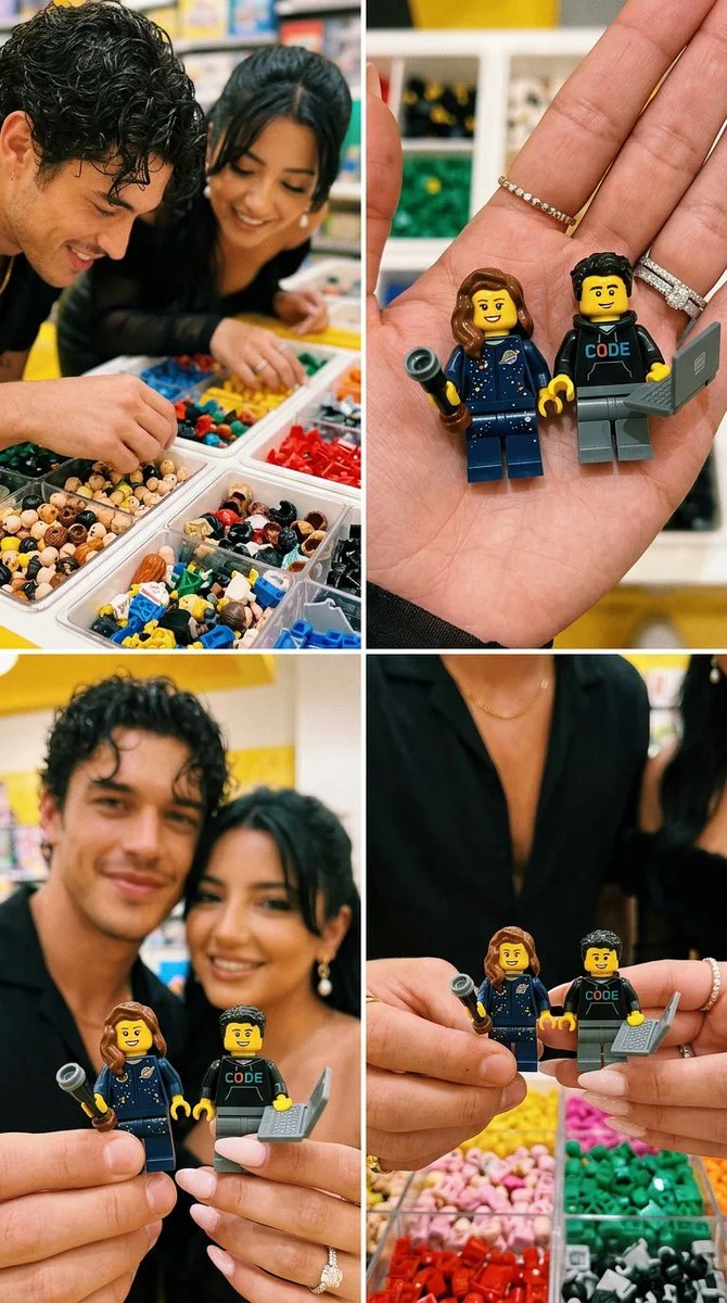 A couple selects custom minifigures in a colorful LEGO store