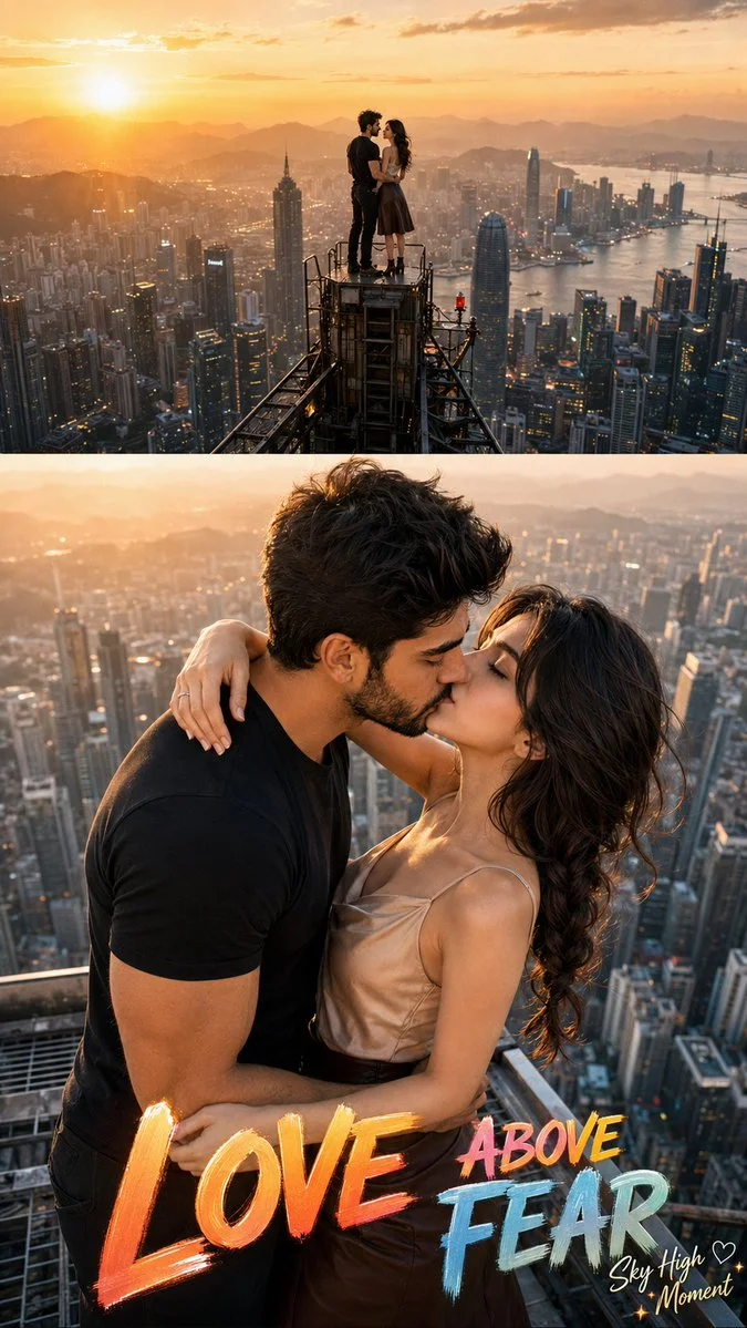 A couple shares a kiss on a skyscraper rooftop at golden hour