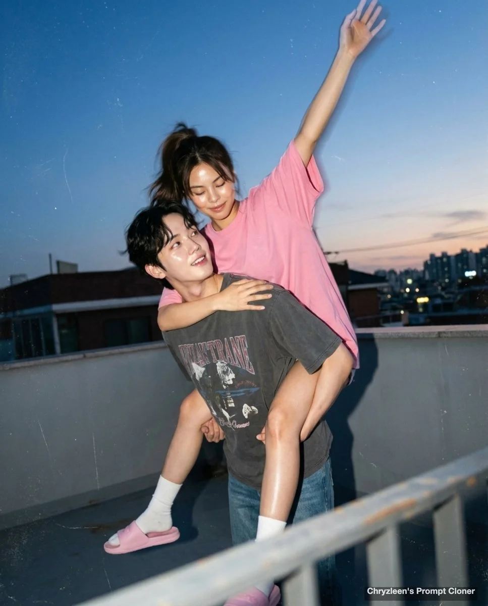 A couple shares a playful piggyback ride on a rooftop at dusk.