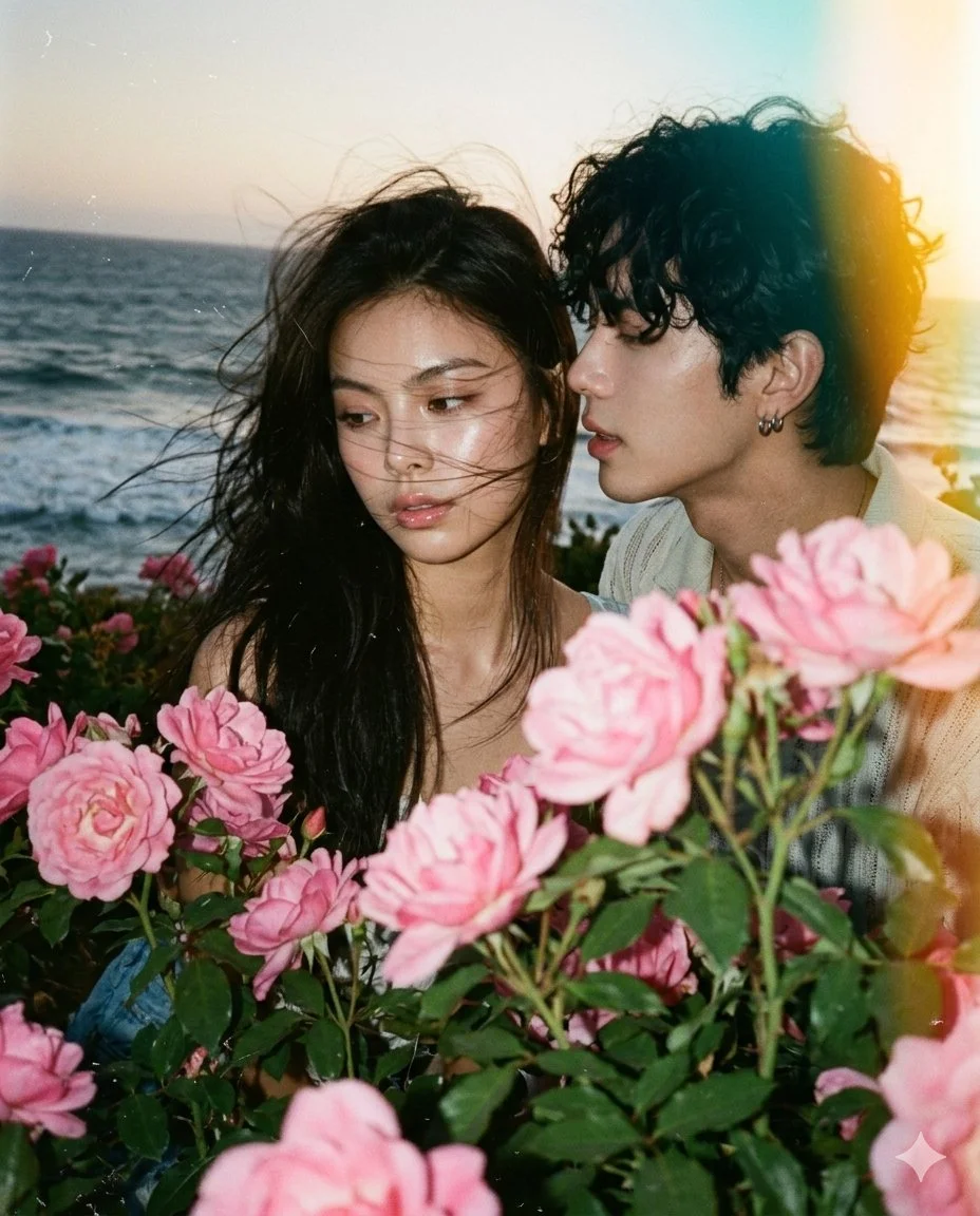 A couple shares a private moment among windblown pink roses