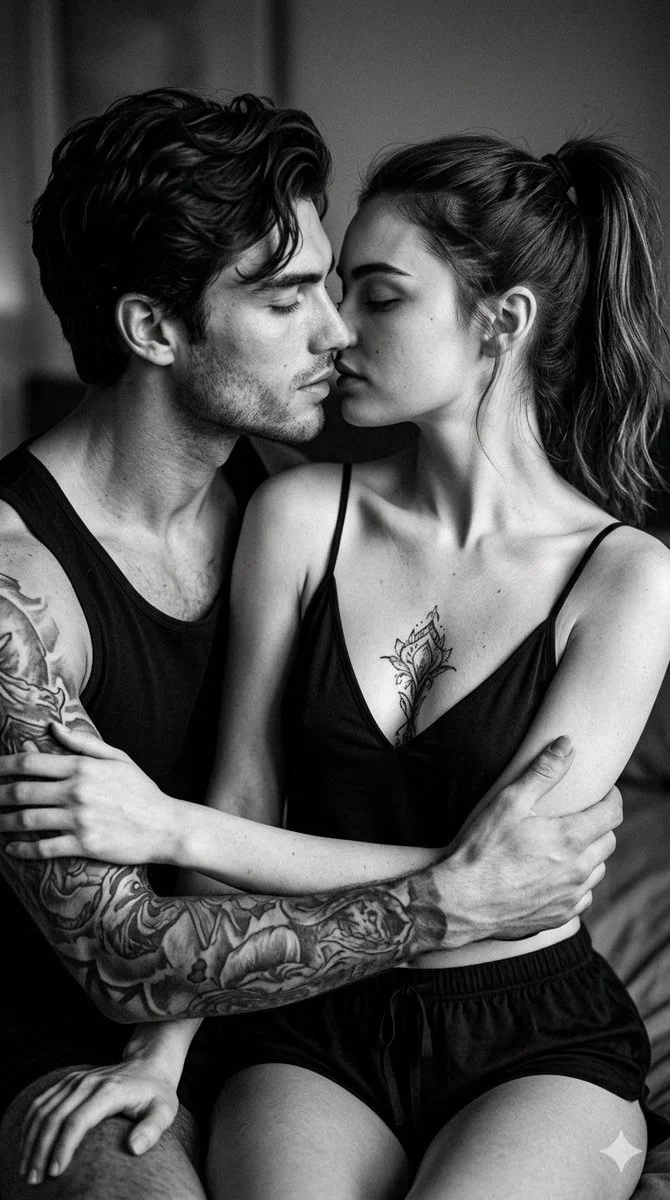A couple shares a soft kiss in a marble bathroom mirror reflection.