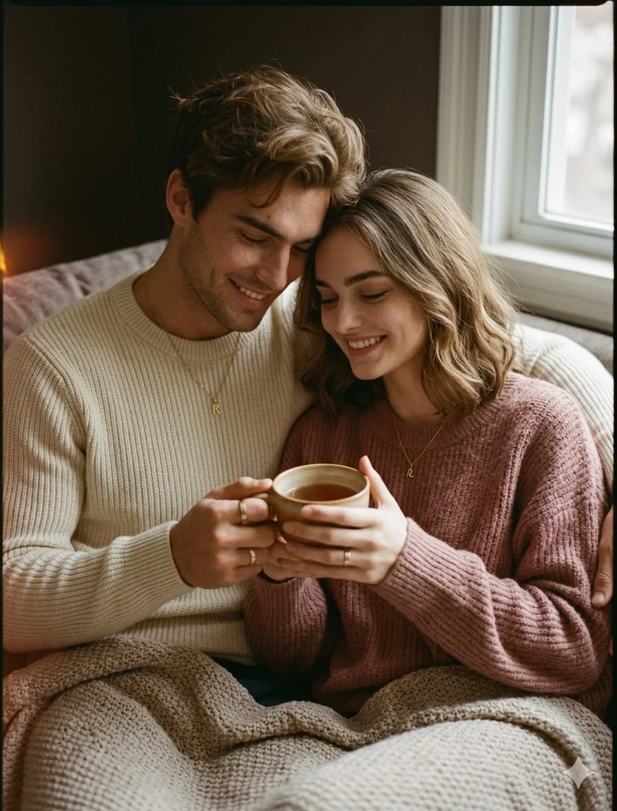 A couple shares a warm tea snuggled on a cozy sofa