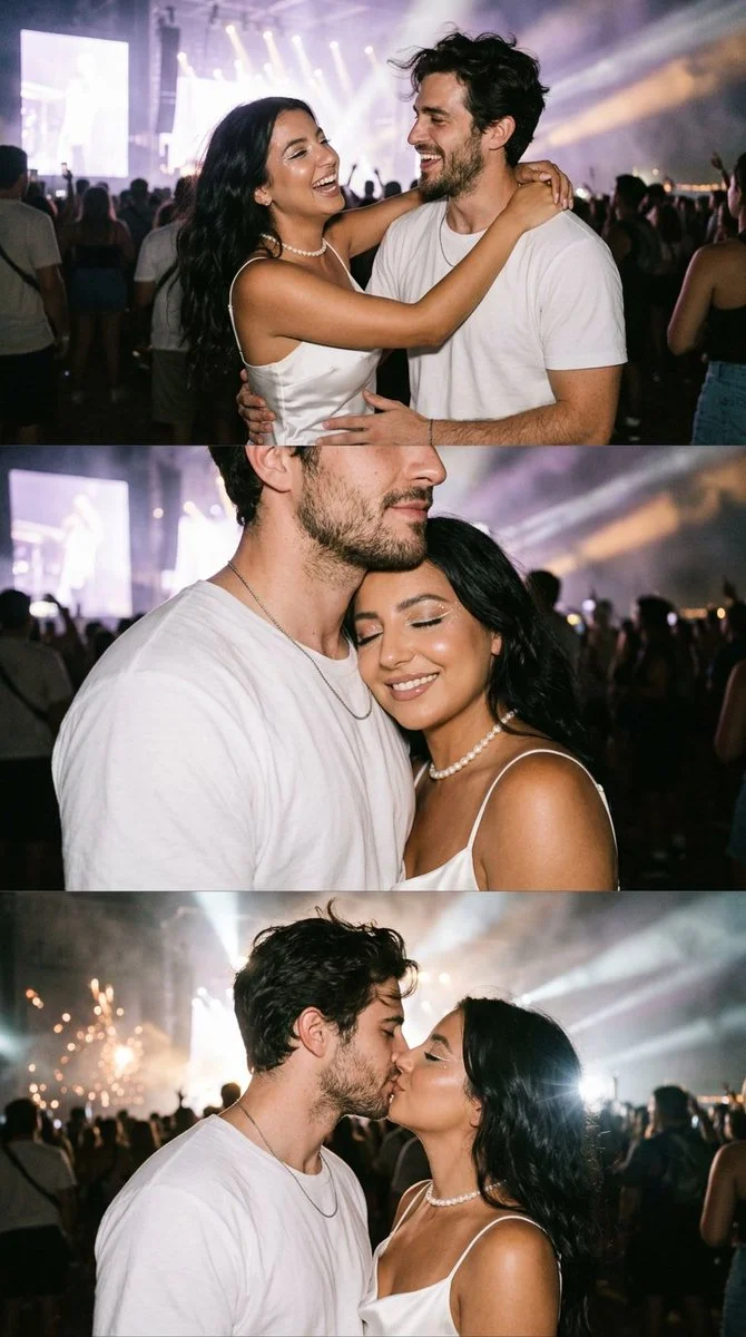 A couple shares an intimate dance at a dreamy night festival