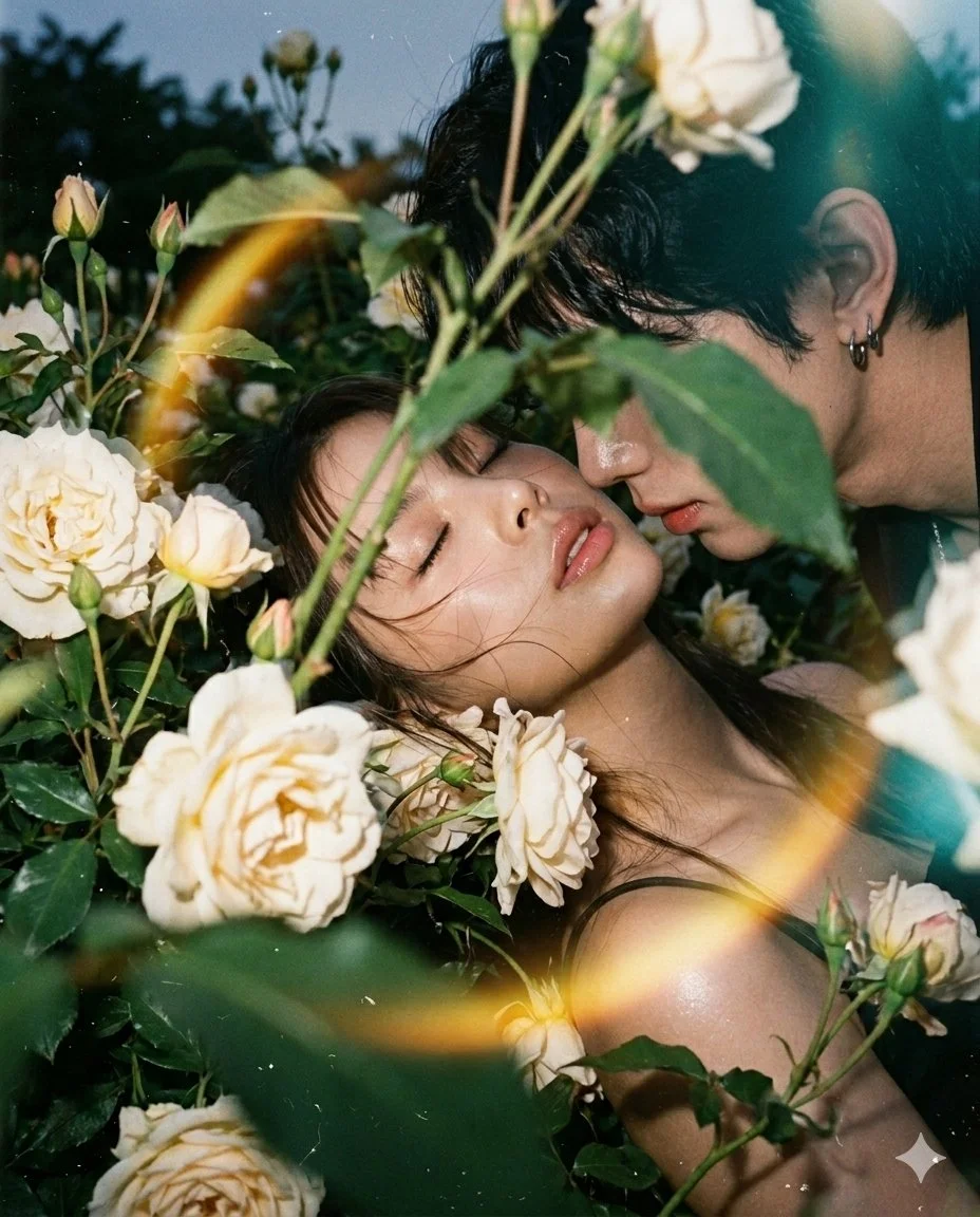 A couple shares an intimate moment hidden among pale cream roses