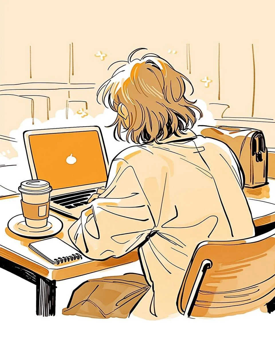 A cozy anime girl studies on her laptop in a warm café