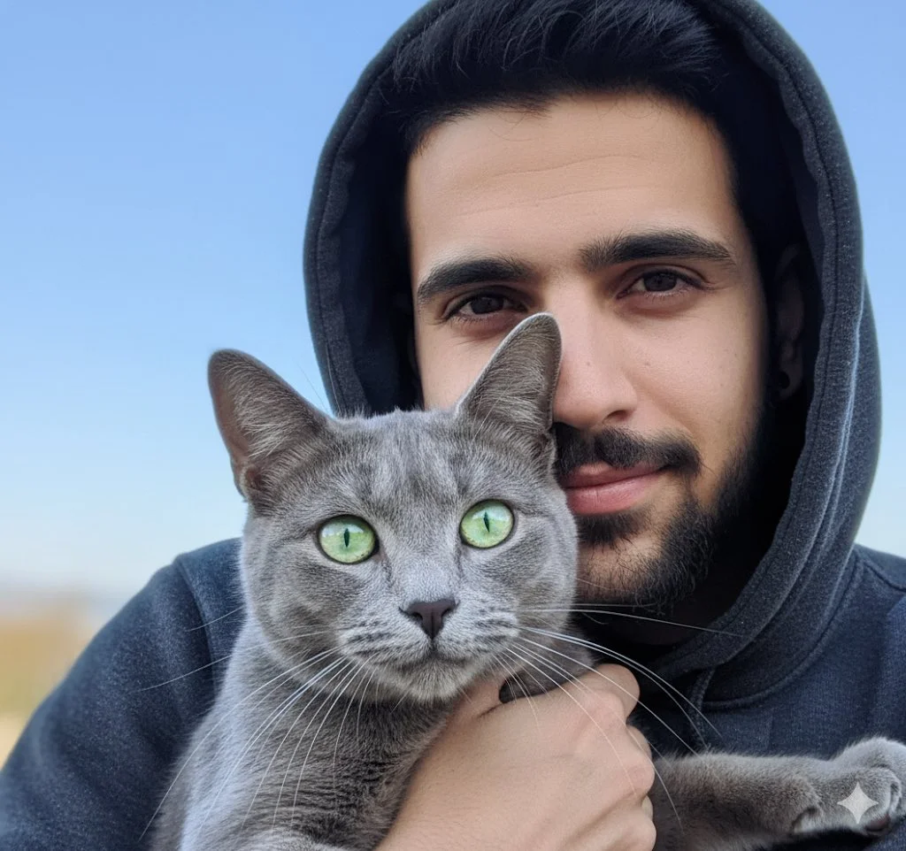 A Cozy Connection: Man and Cat Under a Blue Sky