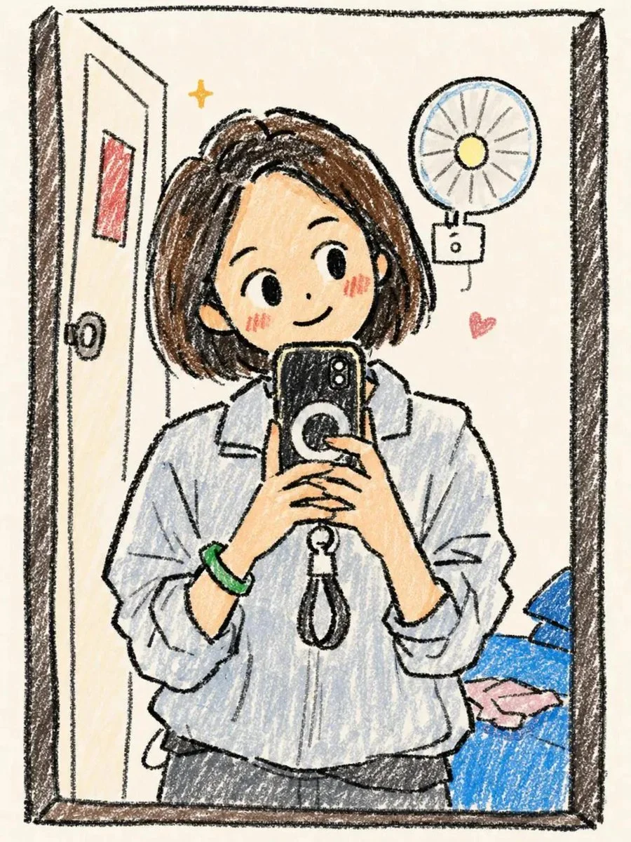 A cozy doodle portrait with thick black outlines and flat colors