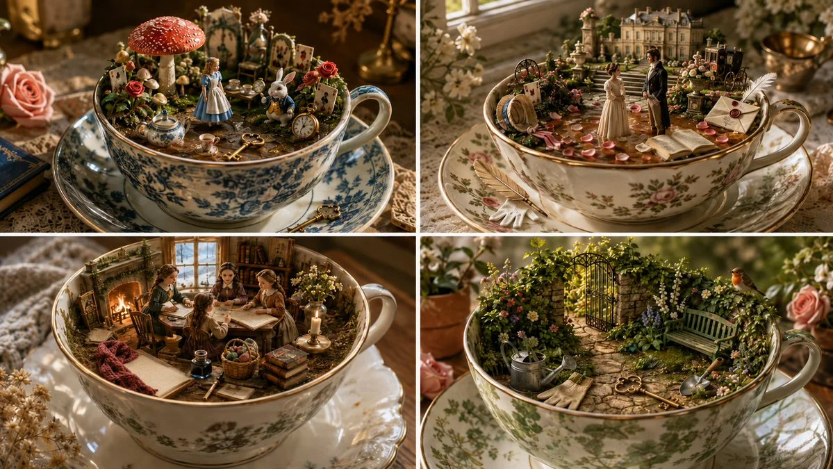 A cozy tea grid of four classic tales for a quiet afternoon