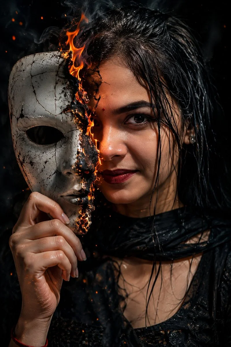 A cracked white mask burns revealing a fierce gaze in dark cinematic light