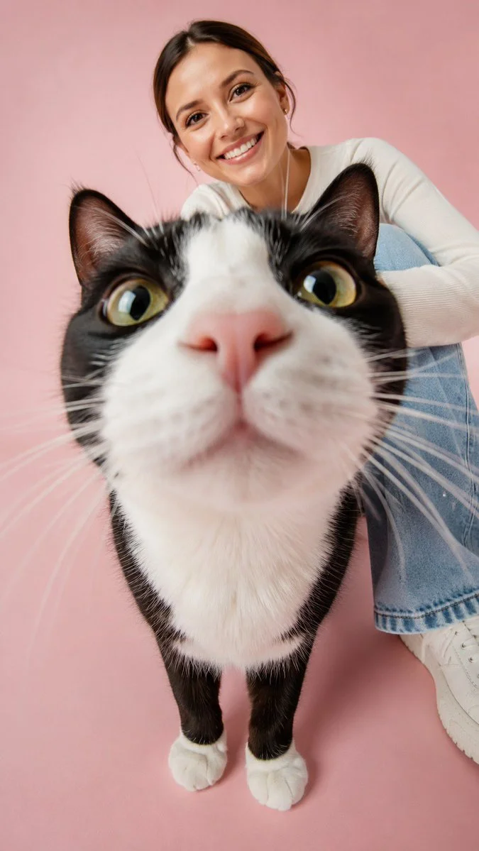 A curious cat's nose fills the foreground as I watch