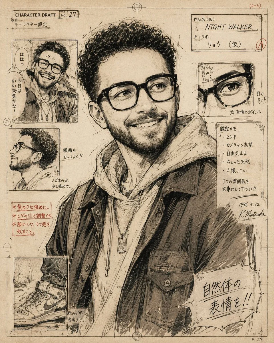 A curly-haired manga youth smiles in a vintage ink sketch