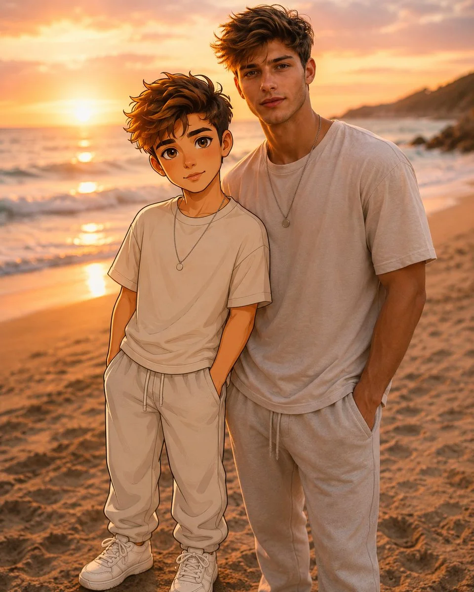 A cute cartoon mini-me poses beside the real person in soft sunlight