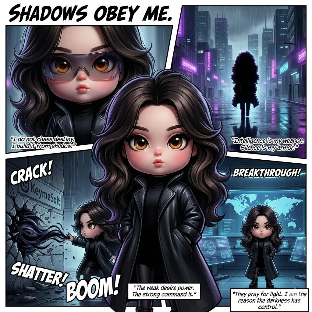A cute chibi girl commands dark power in a neon cyberpunk city