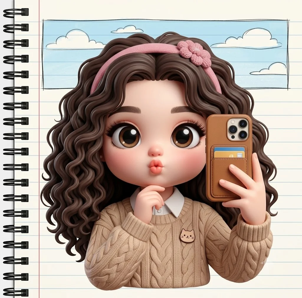 A cute chibi girl takes a mirror selfie with puckered lips