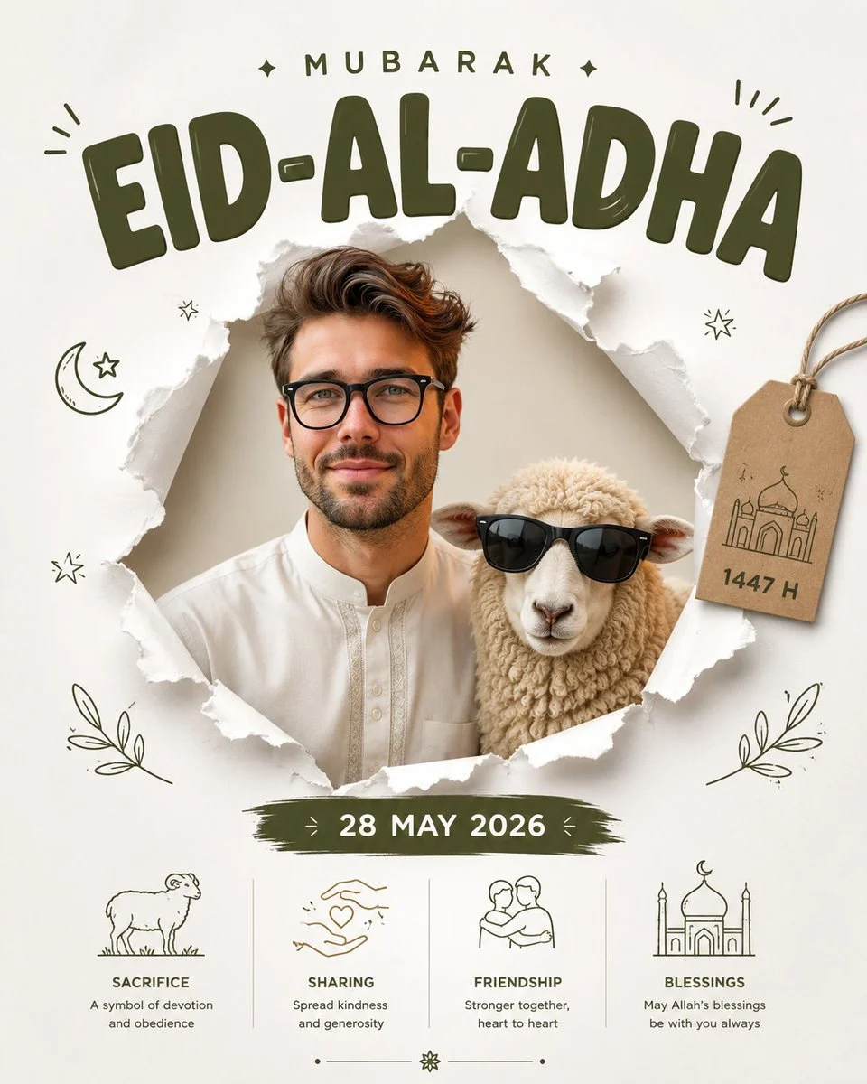A cute sheep in sunglasses poses with a man in a modern Eid poster.