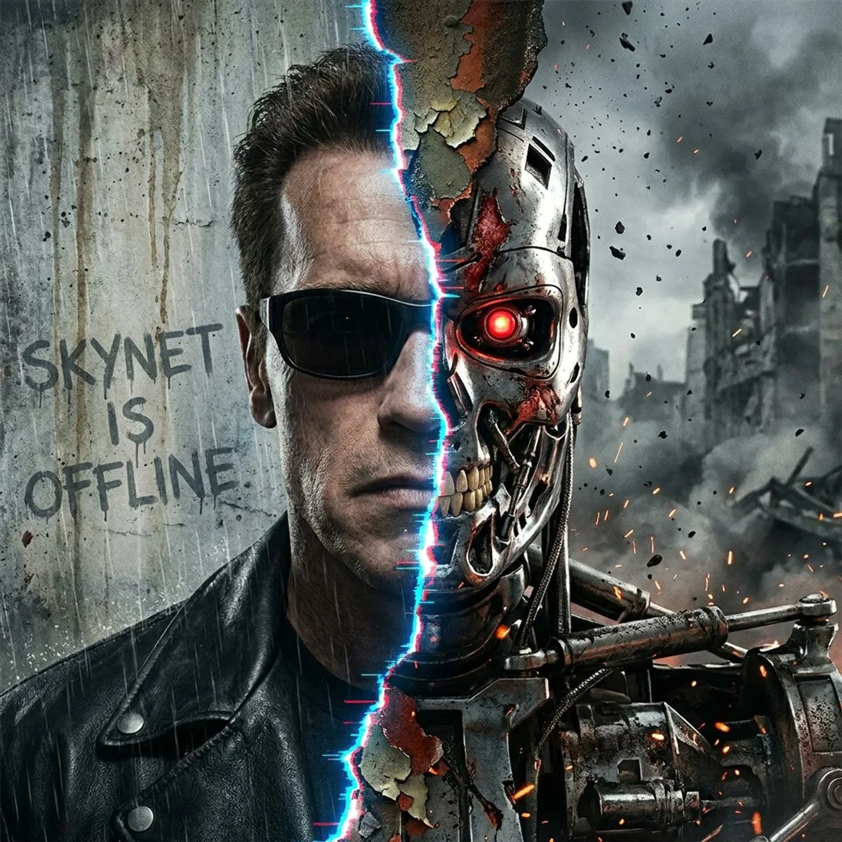 A cybernetic warrior tears apart in a rain-soaked glass fracture
