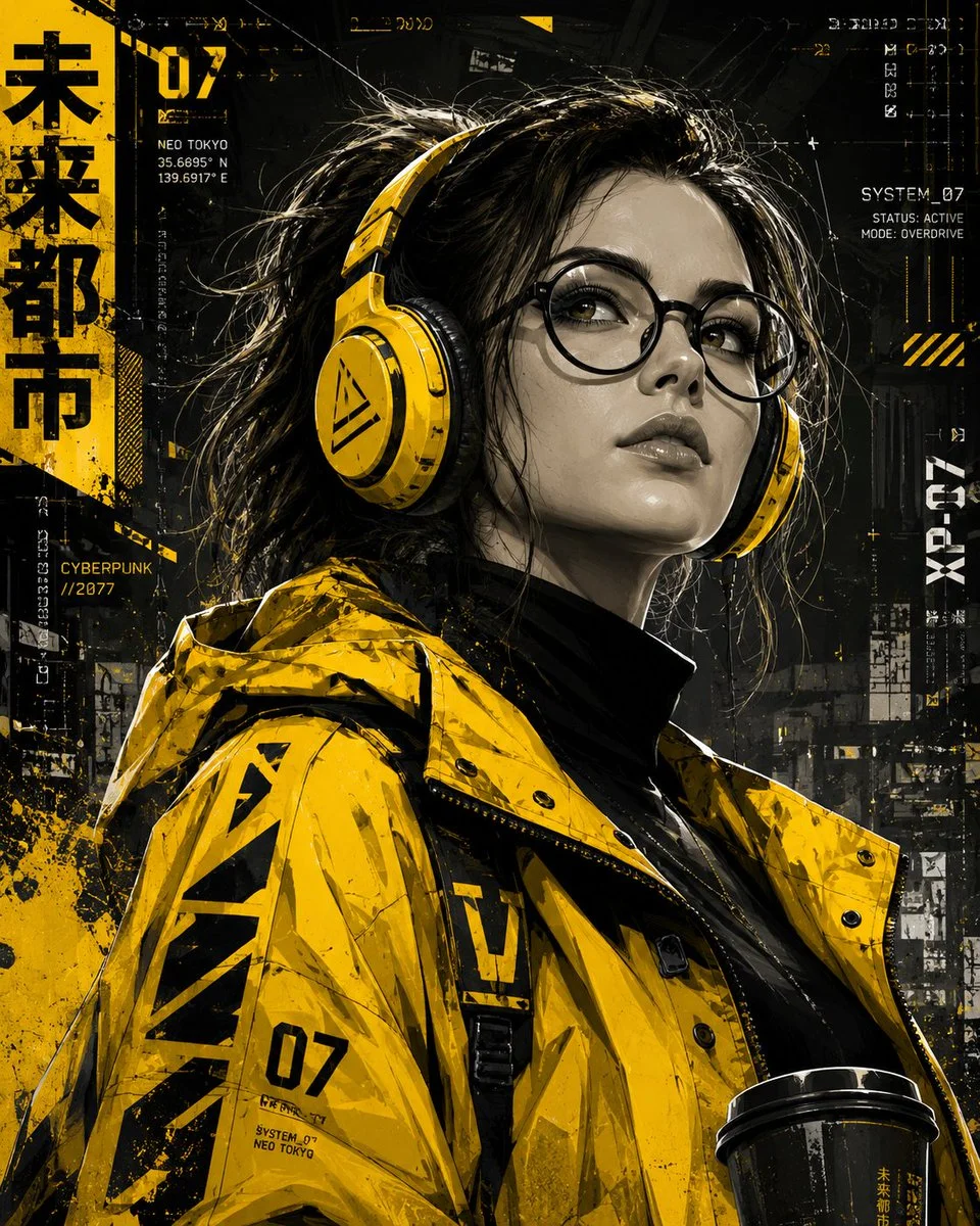 A cyberpunk woman in yellow techwear stares upward with ambition