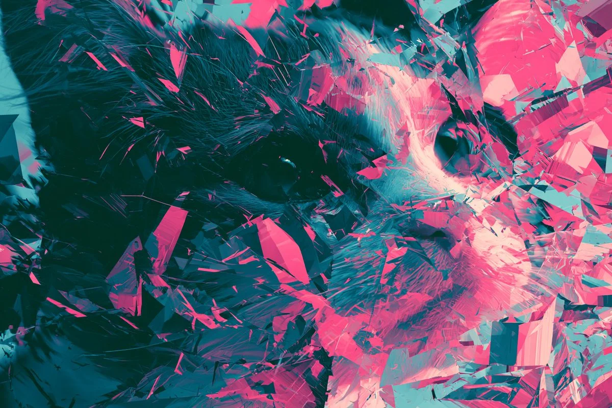 A dancer's silhouette shatters through a pixelated prism glitch