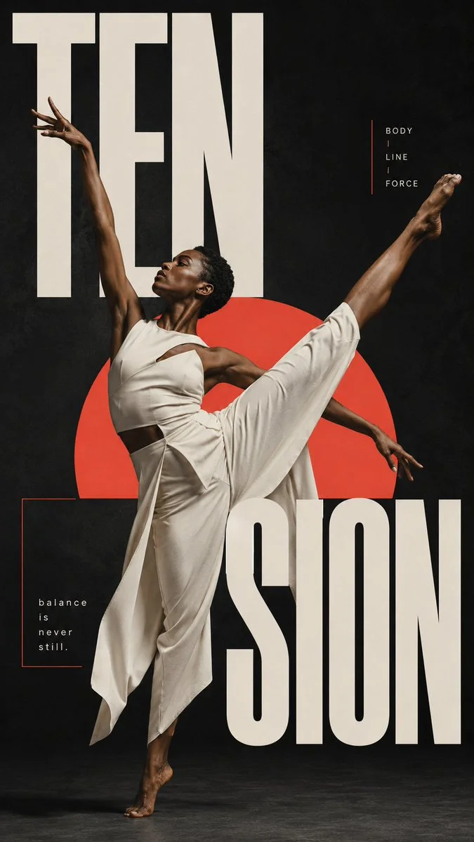 A dancer strains against a giant letter, tension in motion