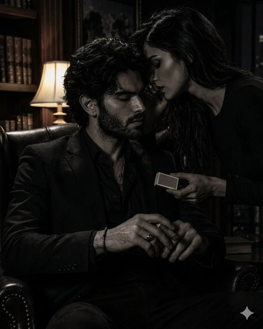 A dangerous man and a dark woman share a flame in the penthouse