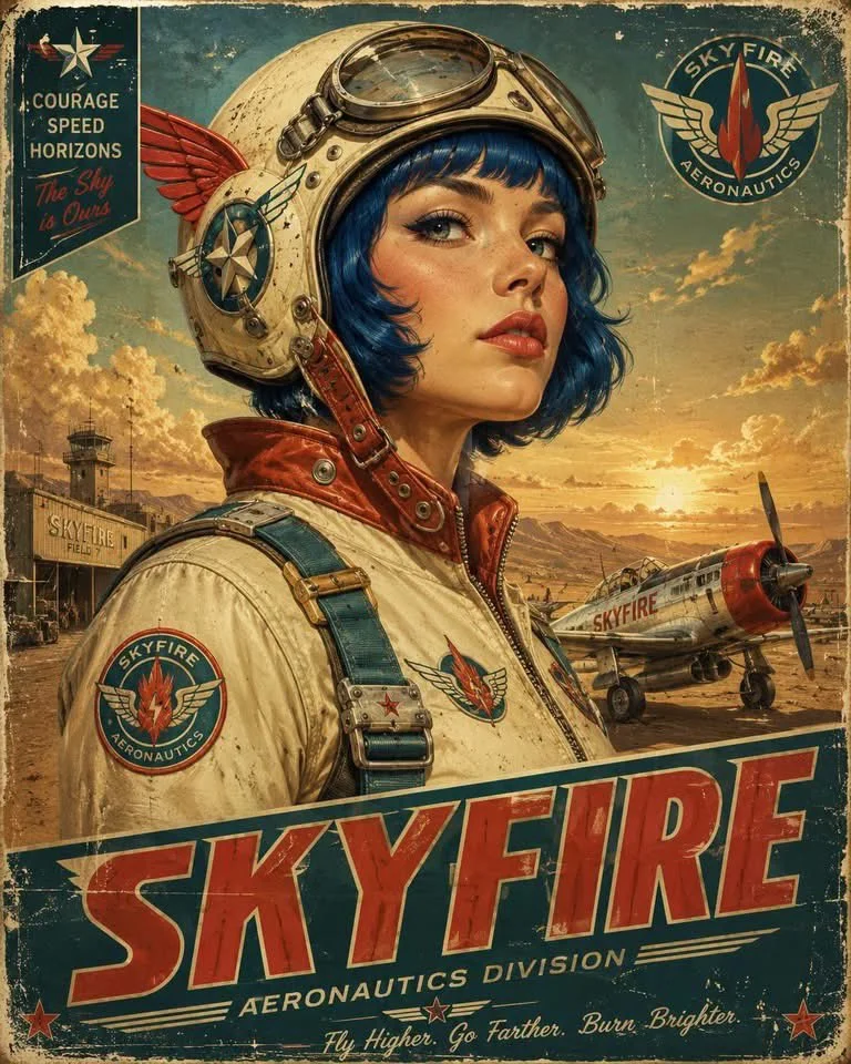 A daring aviator soars through stormy skies in a vintage poster
