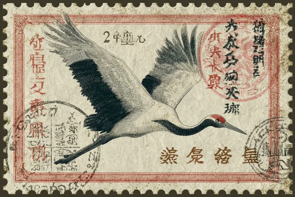 A delicate cherry blossom postage stamp with golden waves frame