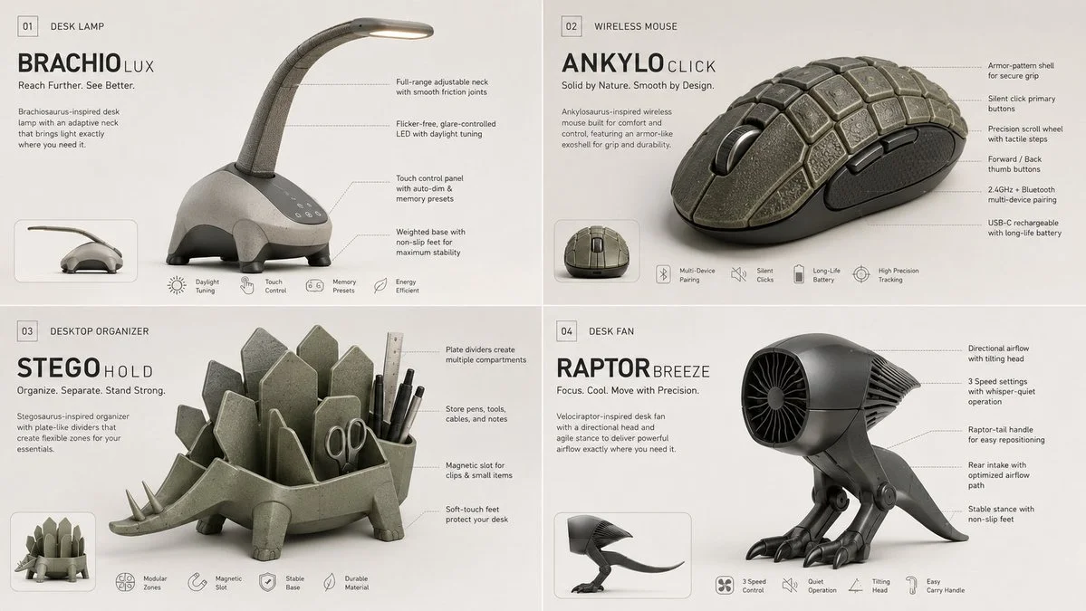 A desk lamp with a triceratops frill shade and adjustable neck