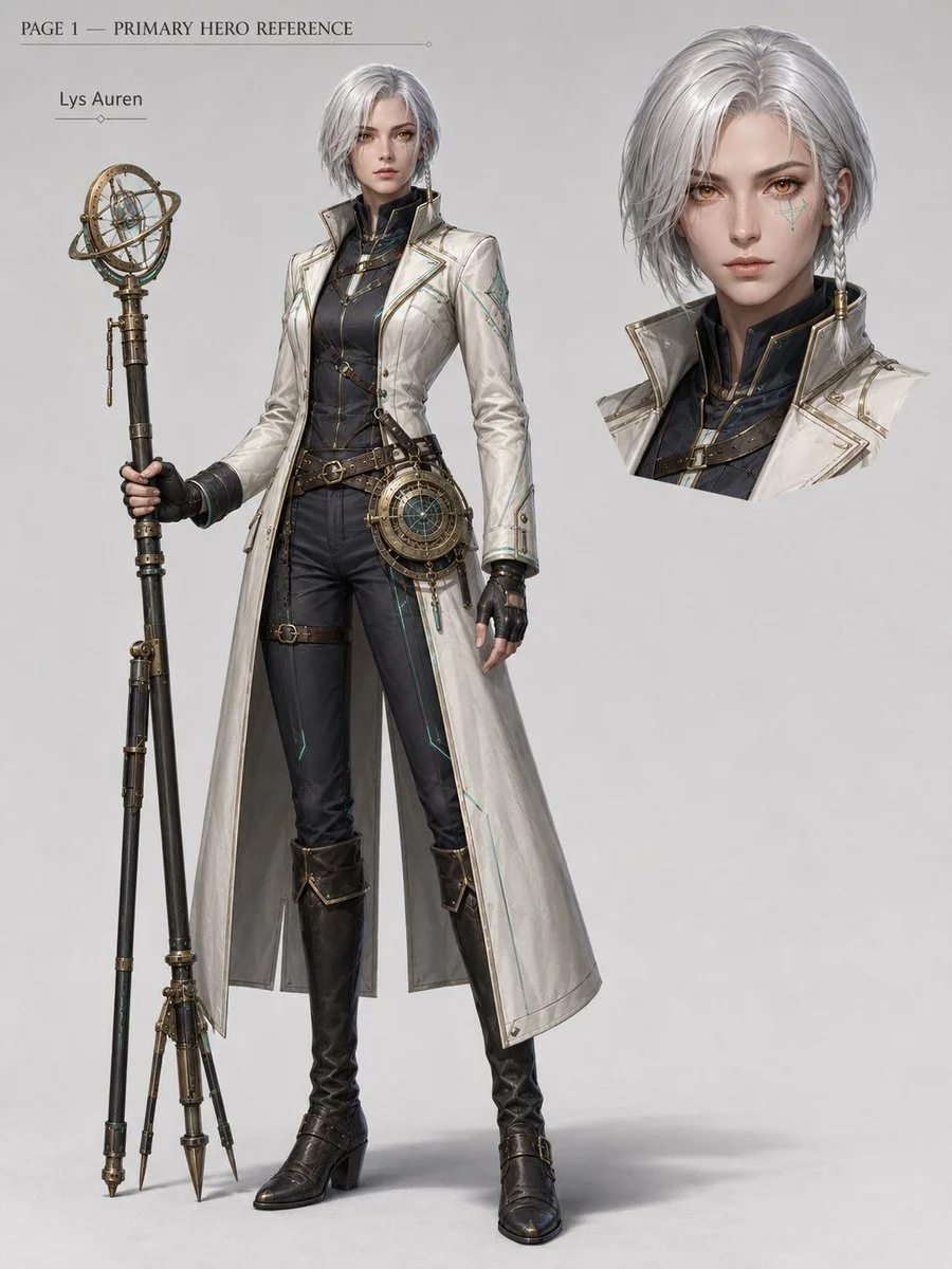 A detailed character design specification system with eight pages