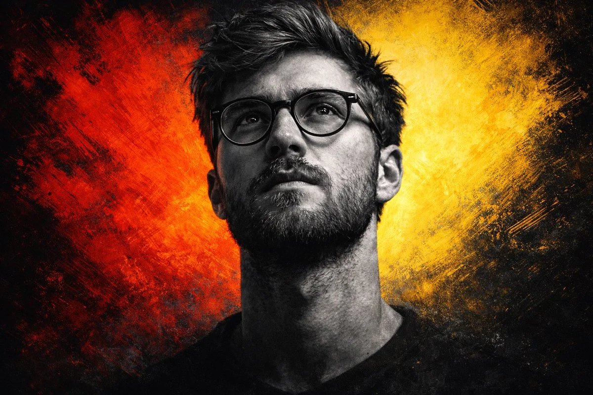 A Determined Gaze: Grayscale Portrait Meets Bold Abstract Contrast