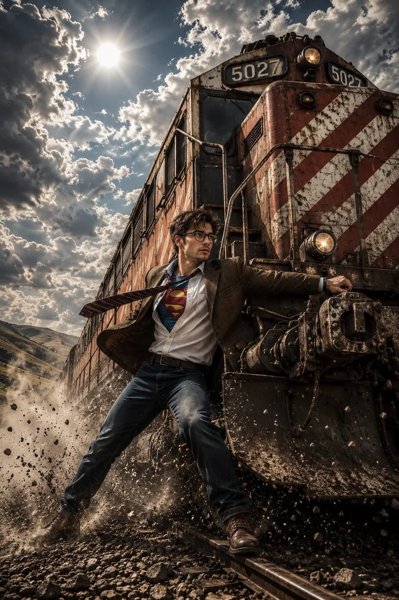 A determined man stops a speeding locomotive on active railway tracks