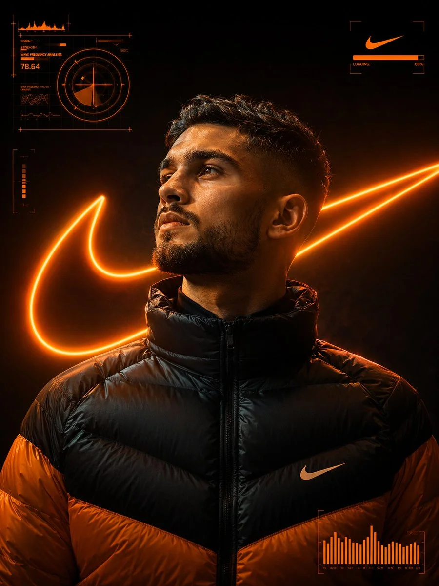 A determined young man in a neon-lit puffer jacket stares upward