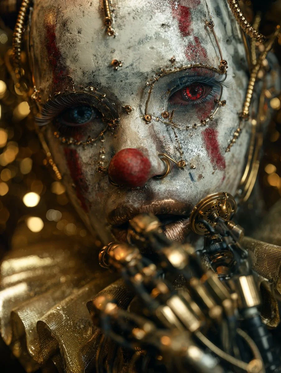 A distressed clown cyborg raises a gold hand to her glowing red eye